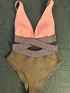 River Island Pure Sport Rose Gold & Olive One Piece - Size UK 12 / US 6